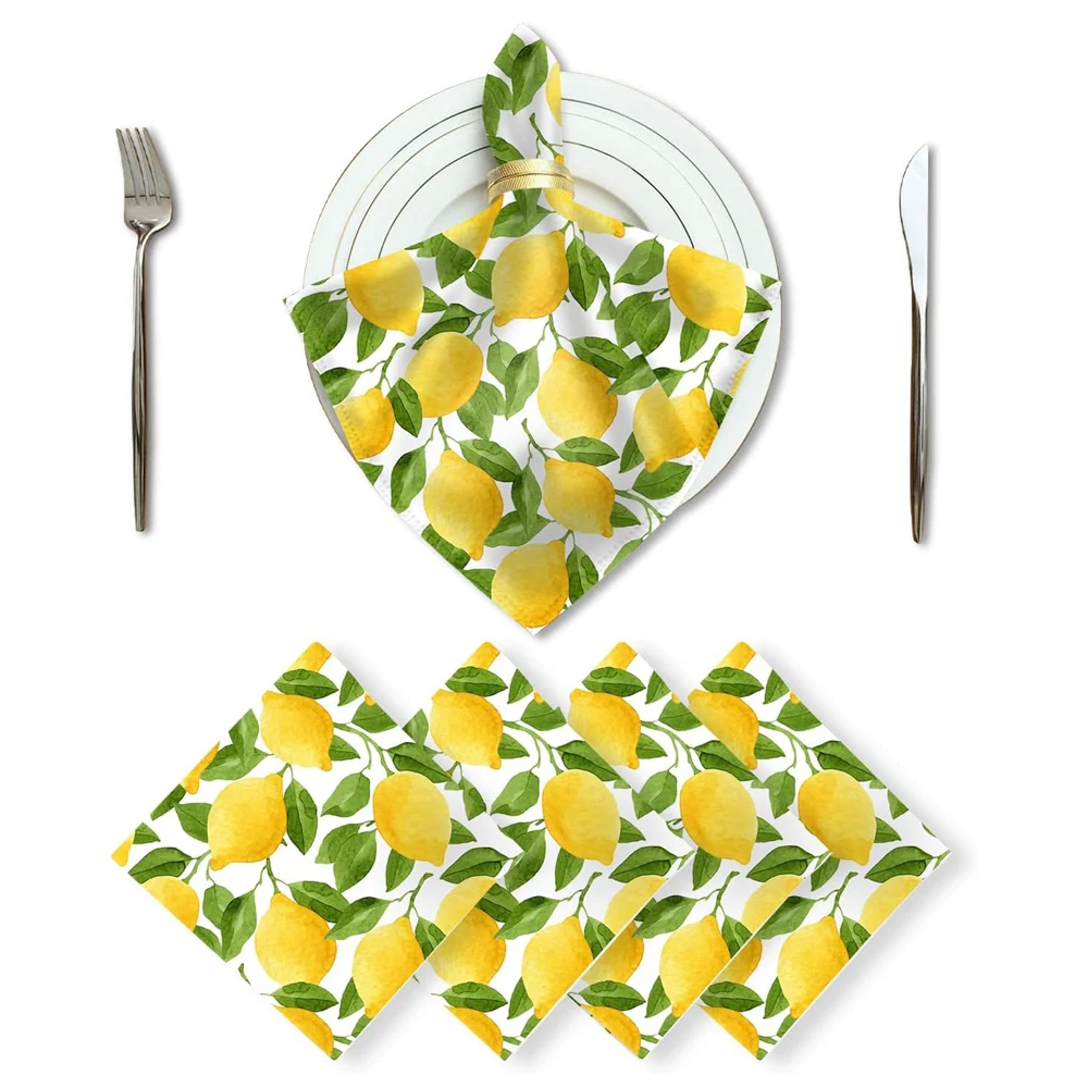 2Pcs Lemon Green Leaf Painting Cloth Napkins Wedding Decoration Washable Reusable Table Napkins for Holiday Party Table Decor