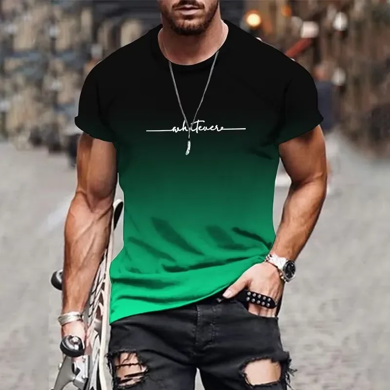 New Men's Gradient Letter Printed Comfortable Breathable Round Neck T-Shirt for Outdoor and Street