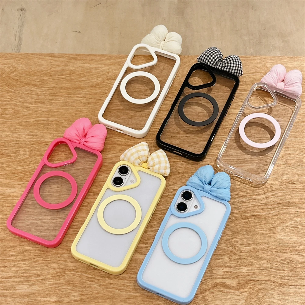 Magnetic Luxury Transparent Acrylic Phone Case For iPhone 16 14 11 13 12 15 Pro Max For Magsafe Wireless Charge Bowknot Cover