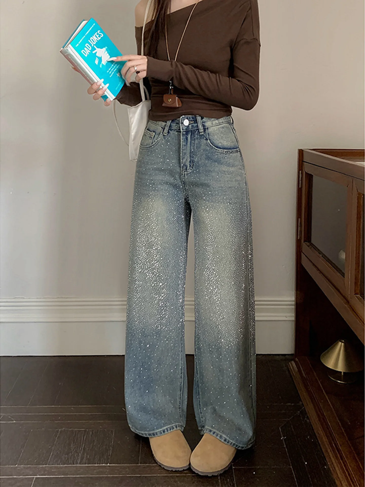 

High Waist Straight Leg Blue Jeans Women's Summer New Style Vintage Washed Slimming Wide Leg Pants American Style Denim Jeans