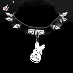 Gothic Punk Lil Peep Rabbit Sad for Love Necklace Black PU Leather Rivets Choker for Women Party Chain Collar Jewelry N3624S06