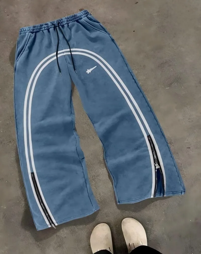 

2026 Autumn Winter Y2K Minimalist Printed Stripe Streetwear Harajuku Style Casual Niche Loose Trendy Brand Wide Leg Zipper Pants