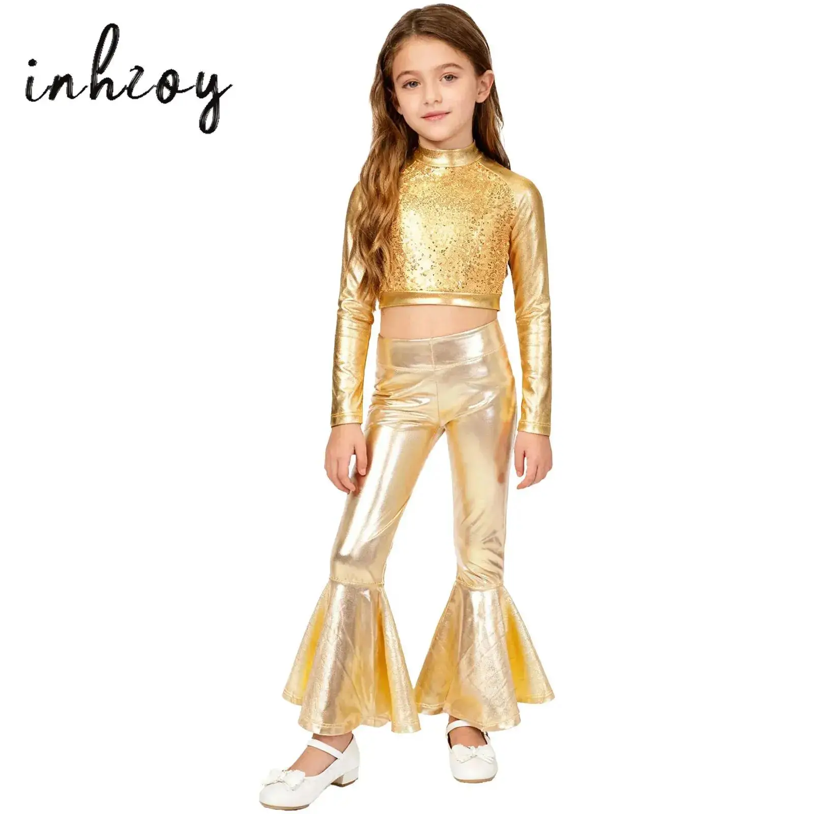 

Kids Girls Latin Dance Outfit Long Sleeve Metallic Crop Top with Pants for Samba Rumba Cha-Cha Jazz Dance Practice Performance