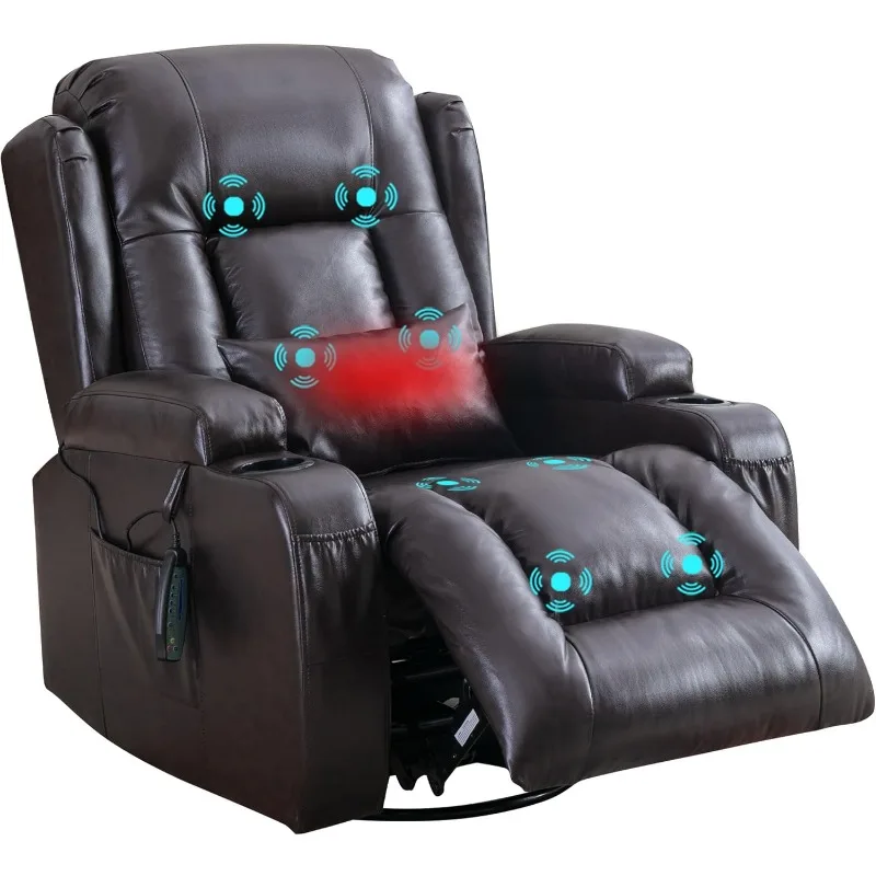 Swivel Rocker Recliner Chair with Massage and Heat for Adults, Manual Glider 360° Swivel Rocking Chair with Lumbar Pillow