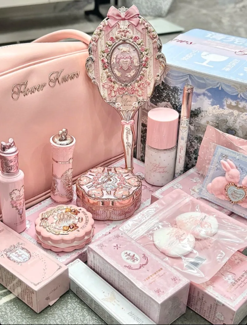 Flower Knows Makeup Gift Set Lip Cream,Blush,Cushion BB Cream,Brightening Concealer,Hydrating Essence & Cosmetic Bag All-in-One
