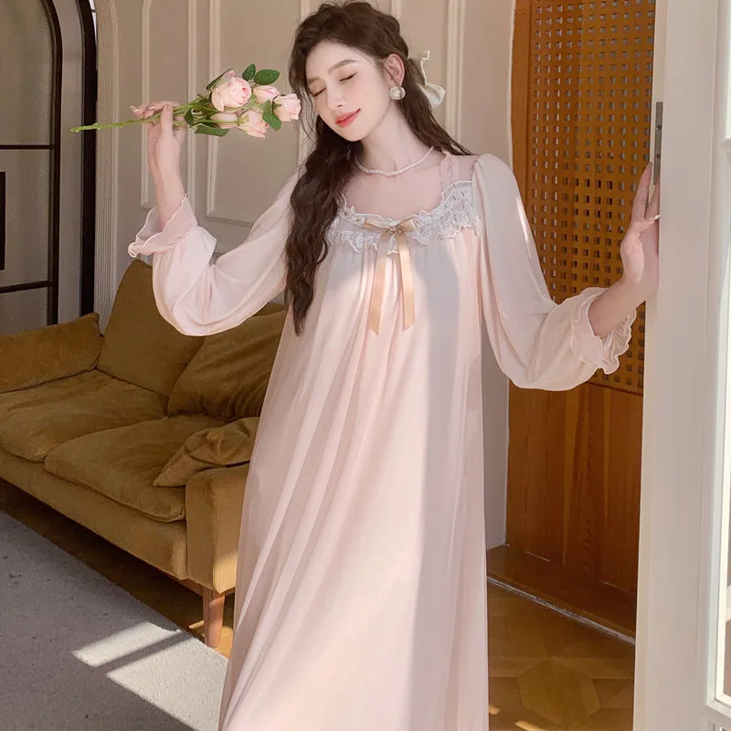 Sexy Lace Princess Nightdress Women Long Sleeve Nightgown Bathrobe Loungewear Rayon Home Clothes Summer Sleepwear Morning Gown