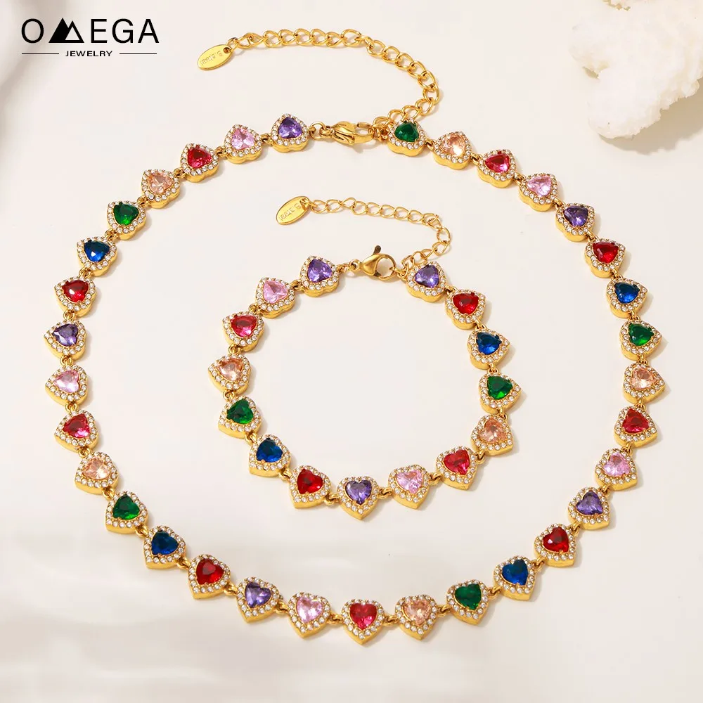 High-end Luxury Necklace Bracelet With Multi Color Zircon For Women 18k Gold Plated Stainless Steel Women's Necklaces Bracelets