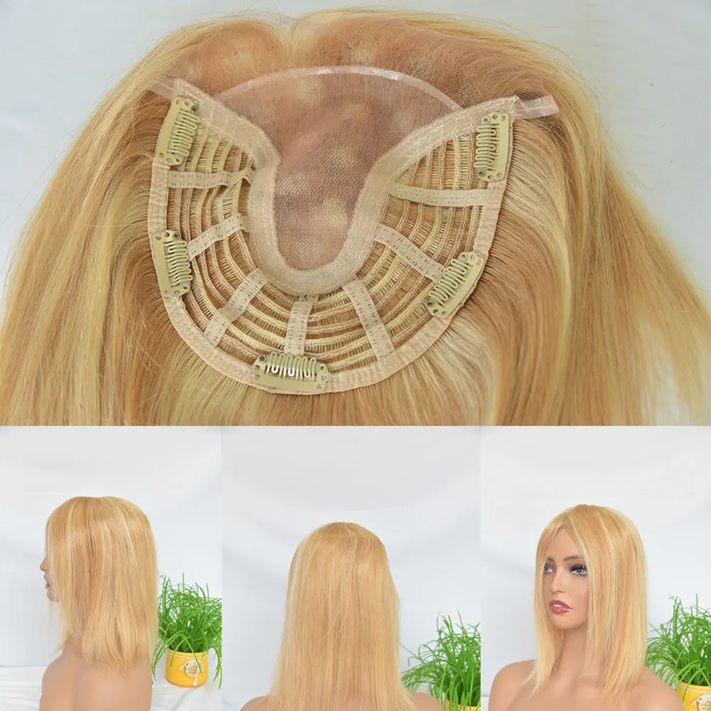 Blonde Human Hair Topper For Women HD Lace Hair Pieces Clip In Hair Extensions For Women Wigs No Bangs 15x17cm(6x6.5inch) 10inch