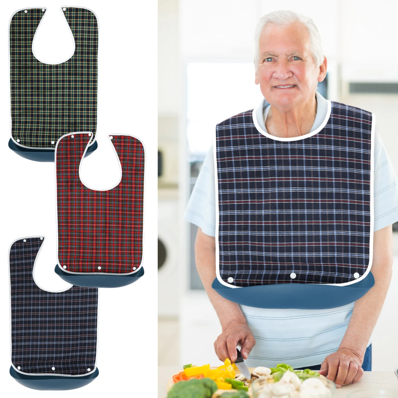 3Pcs Lattice Pattern Adult Mealtime Bib Adjustable Waterproof Eldly Dining Bib With Crumb Catcher Protector Disability Aid Apron