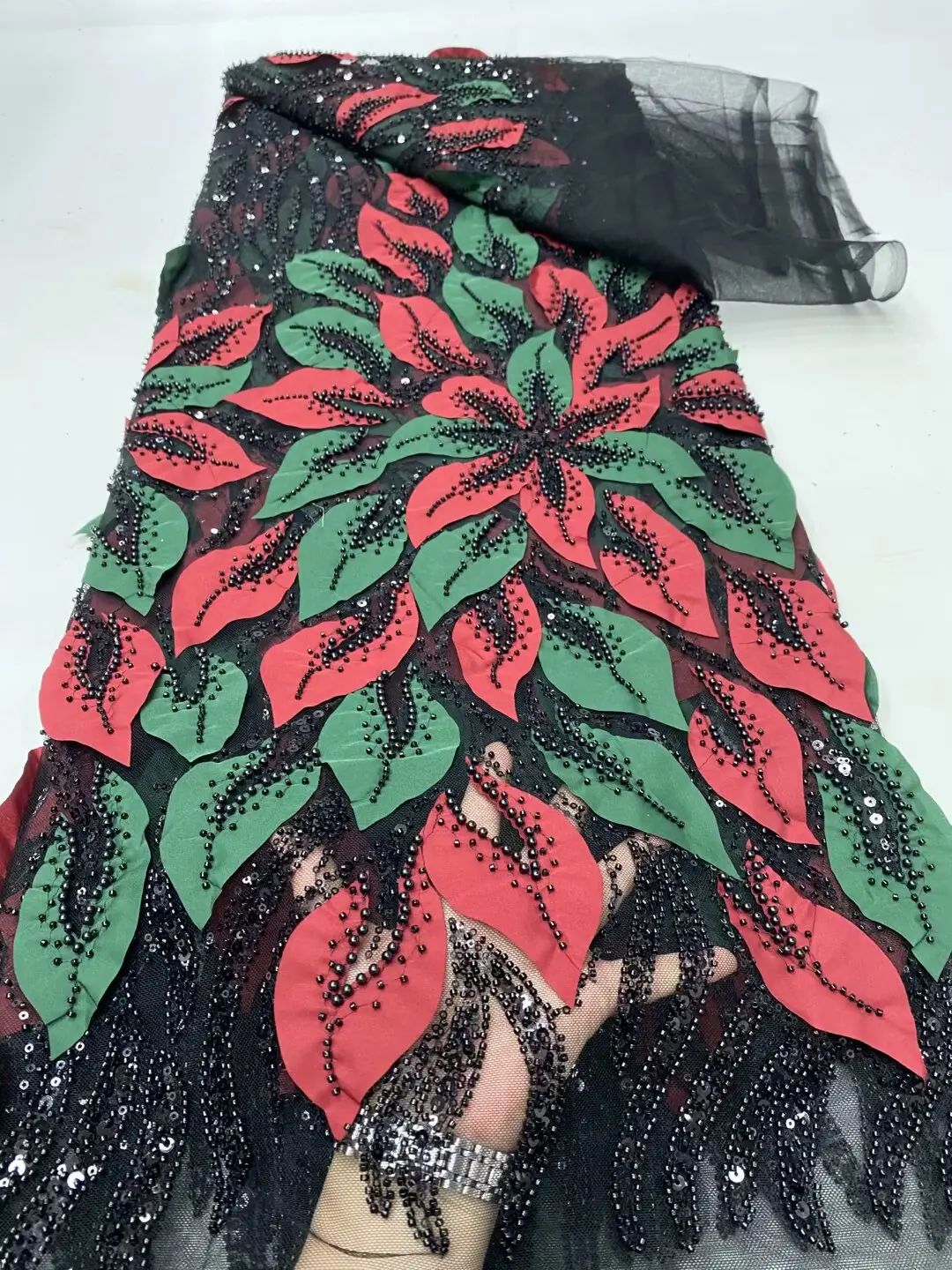 

2025 African Nigerian High-Quality Sequins Embroidery Chiffon Tulle Lace Fabric Sewing Beads for Prom Dresses