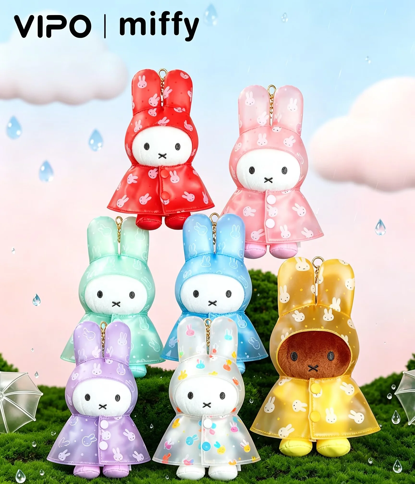 Vipo X Miffy Plush Keychain Blind Box Raincoat Series Cute Stuffed Rabbit Bag Pendant Backpack Charm For Daily Decoration