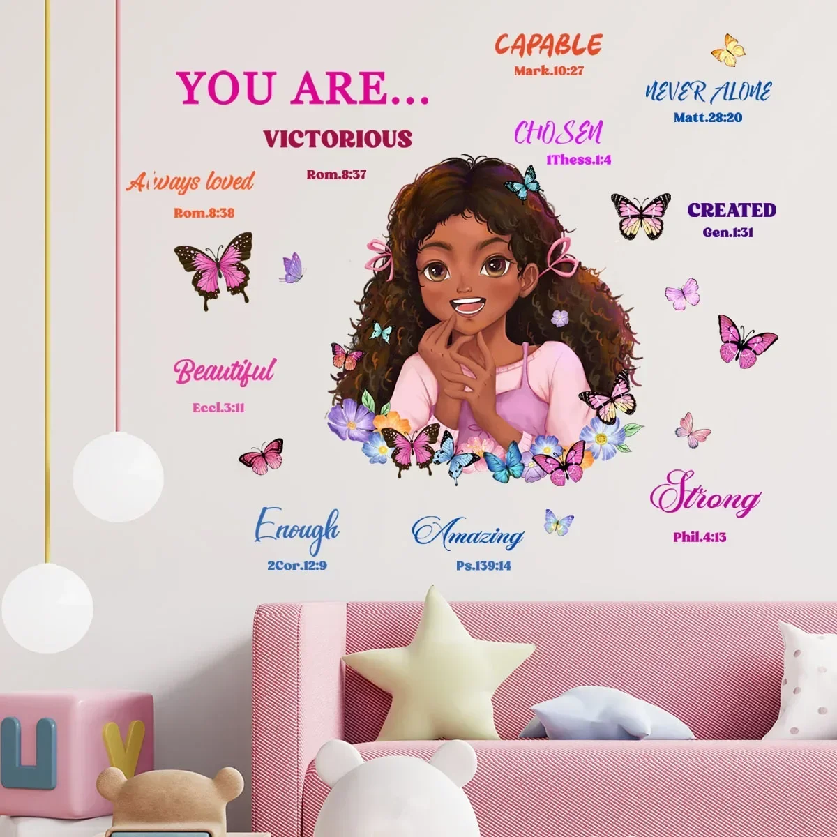 Black Girl Princess Wall Decal, Butterfly Stars Wall Stickers, Positive Nursery Decor, Kid Room Bedroom