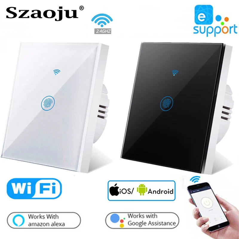 Szaoju Ewelink APP WiFi Touch Switch Wall Sensor Smart Light Switch 1/2/3Gang EU Smart No Neutral Wire Alexa Google Home Remote