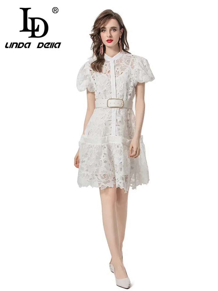 LD LINDA DELLA Fashion Designer Summer Dress Women\'s Solid Color Floral Embroidery Hollow Out Sashes+Camisole Dress 2 Pieces Set