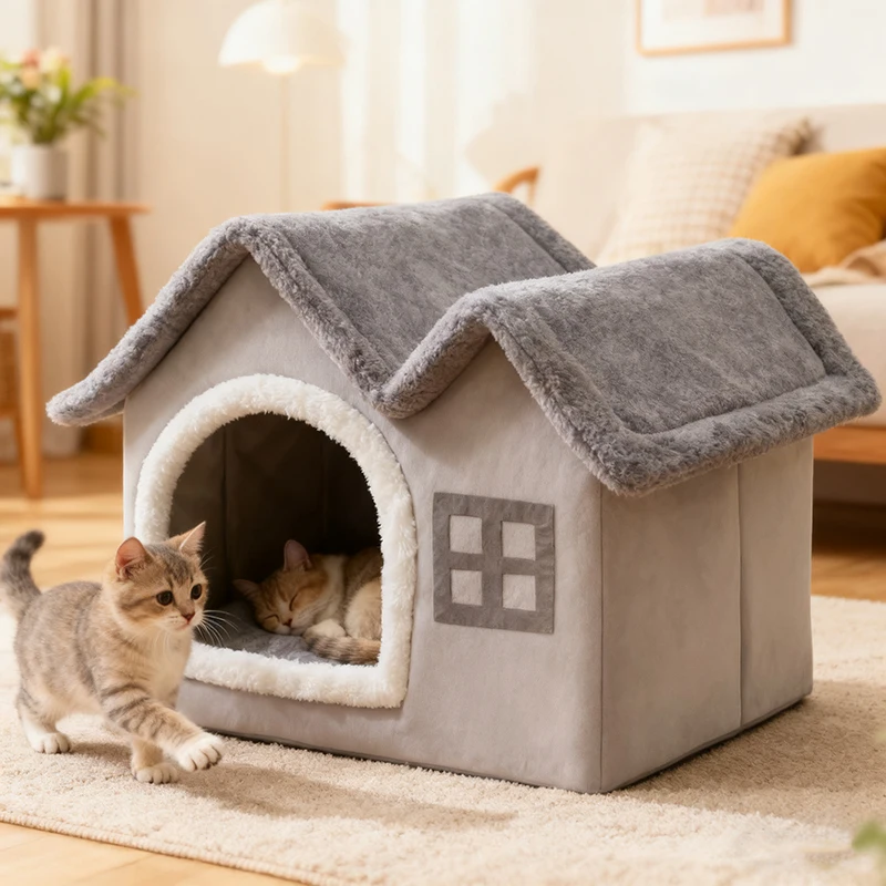 

Winter cat bed Warm Enclosed Thick Removable Cover Cat House accessories Stain Resistant cute pet bed sleeping Plush Cat Cave