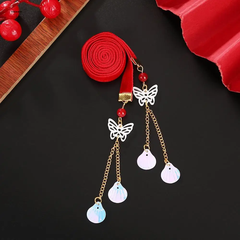 

Sweet Tassel Satin Red Long Headband Bell Butterfly New Year Hair Rope Plush Ball Alloy Girls Ribbon Head Rope Kids