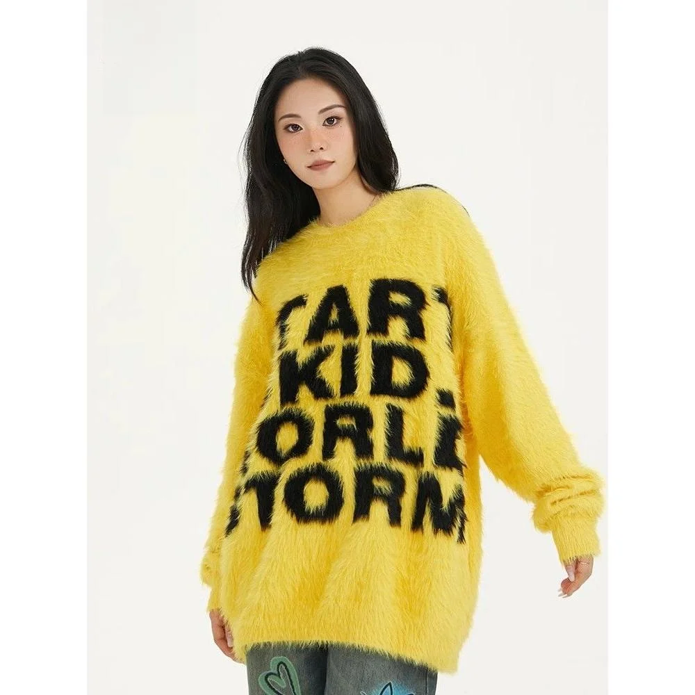 トレンディなレイジースタイルミンクファーセータールーズユニセックスアメリカンレトロブランドカップルのトップコートポリエステル繊維秋長袖