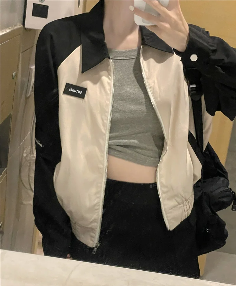 Korean Cropped Jacket Women Patchwork Casual College Track Jackets Female Streetwear Zipper Loose Sports Varsity Windbreaker New