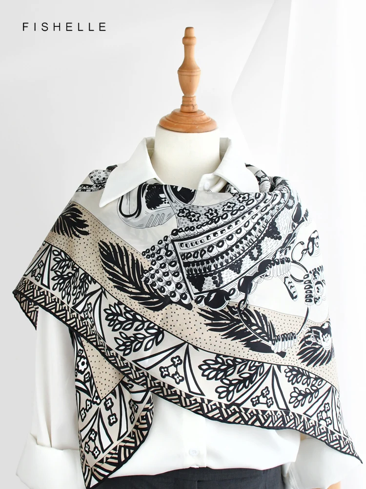 Black white leaf chain silk large square scarf women natural silk scarves lady shawl 100% real silk hijab wrap spring autumn