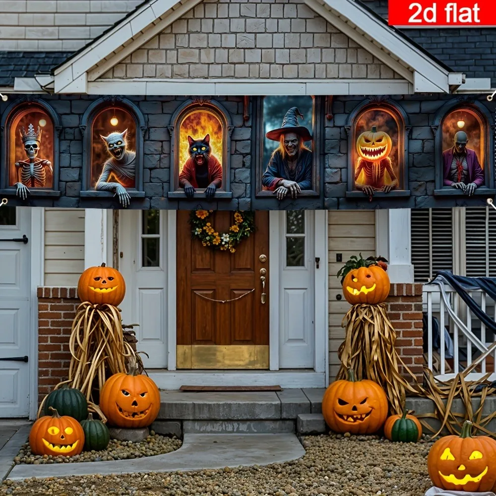 Halloween Horror Stone Window Fence Banner, Skeleton Witch Black Cat Werewolf Pumpkin Long Hanging Flag Yard Outdoor Decor