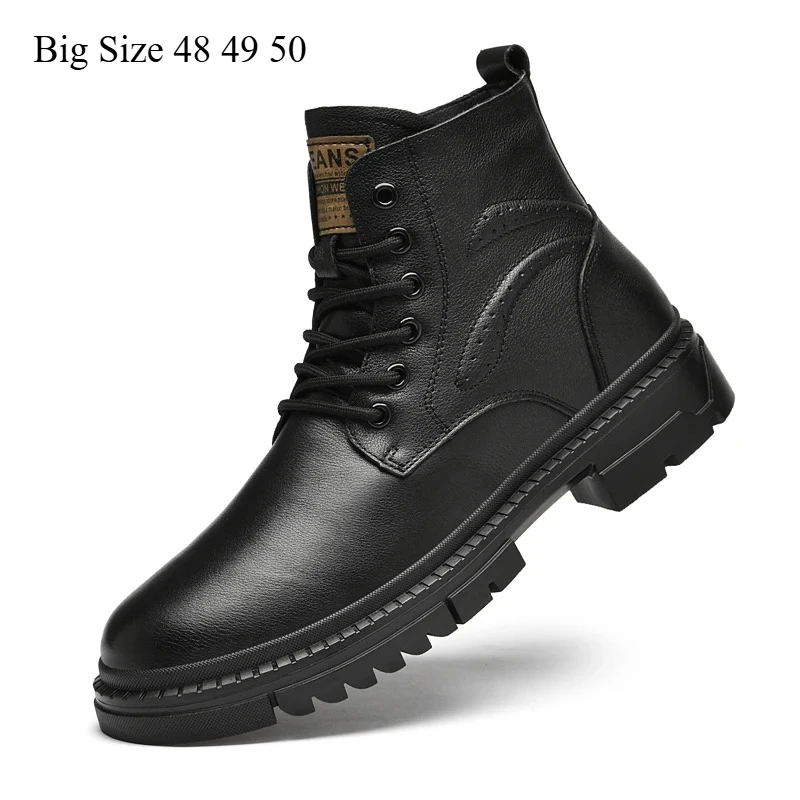 Men's Black Leather Boots Side Zipper Lace-Up Ankle Boots Non-Slip Platform Combat Boots for Casual Work Outdoor Big Size 49 50