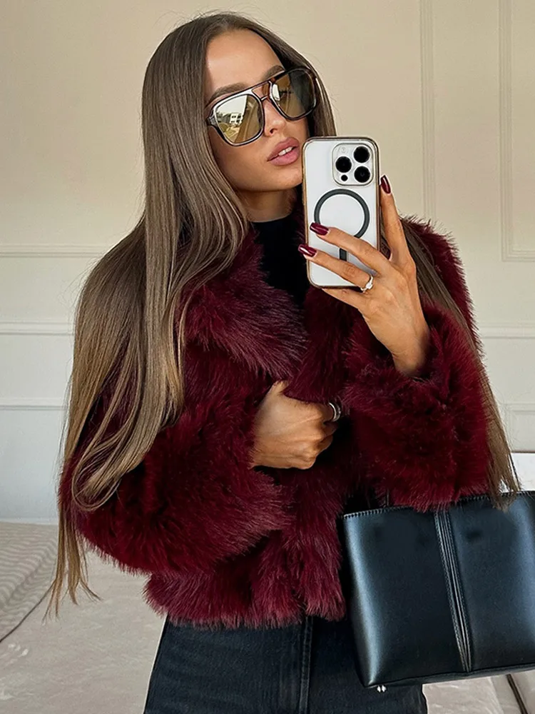 2024 New Chic Burgundy Color Short Loose Fluffy Coats Women Fashion Lapel Solid Warm Fur Jackets Ladies High Street Outerwears