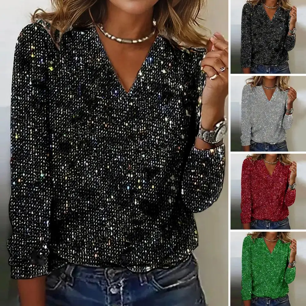 Women Top Shiny Sequin V Neck Long Sleeve Loose Pullover Breathable Commute Club Party Lady Blouse Shirt Female Layering Tees