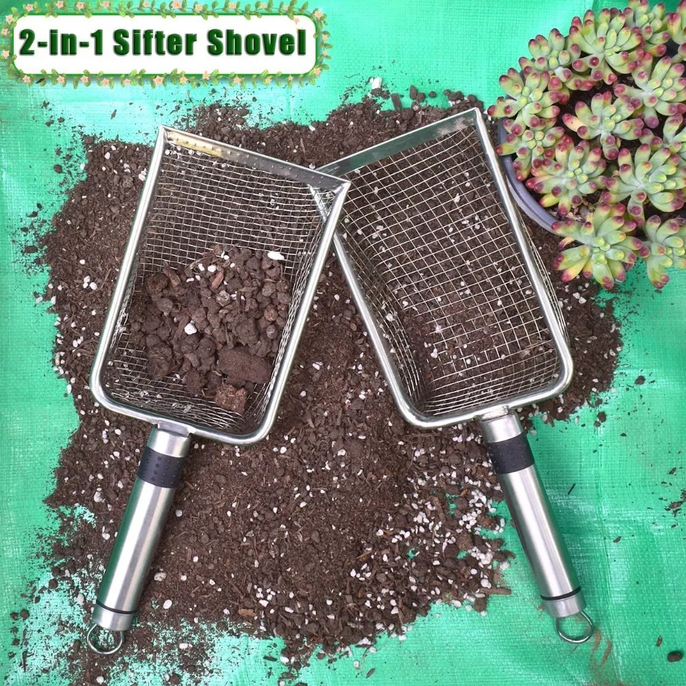 Soil Sifter for Gardening, Soil Sieve Compost Sifter with Repotting Mat, 3.8/5mm Mesh Sieve, Garden Sifter Shovel for Rocks