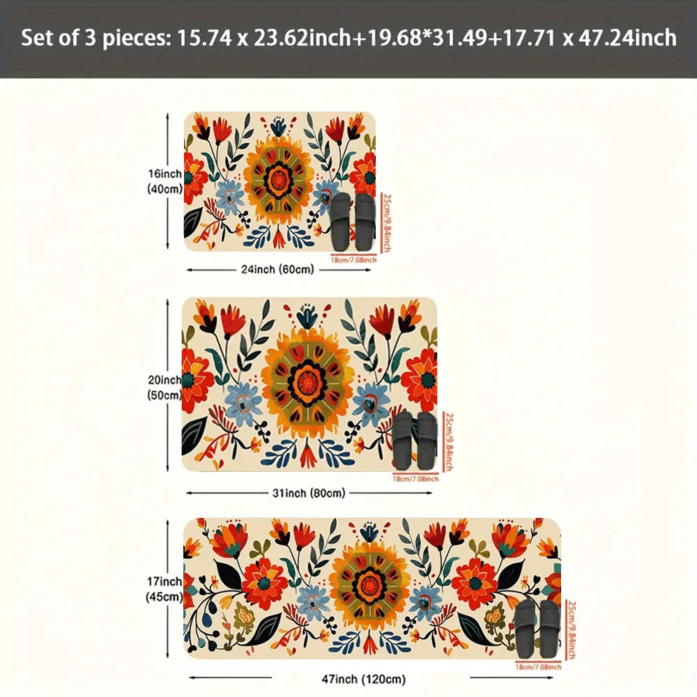 Red Floral Pattern Kitchen Mat - Non-slip Indoor Mat, Fleece Material, Suitable for Kitchen, Living Room, Corridor, Four Seaso