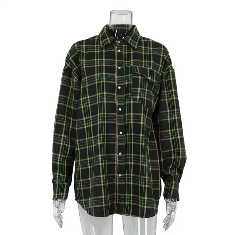 2024 New Joker Plaid Shirt Fall Womens Retro Fashion Plaid Shirt Womens Tops