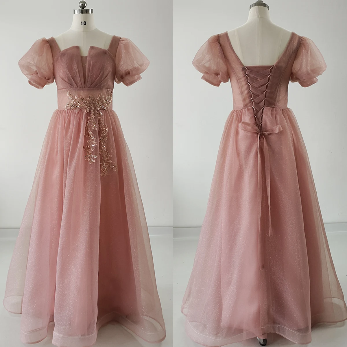 

Real Photo Evening Dress Pink Square Collar Short Sleeves Pleat Beads A-Line Floor-Length Lace Up Party Formal Gown Woman B2762