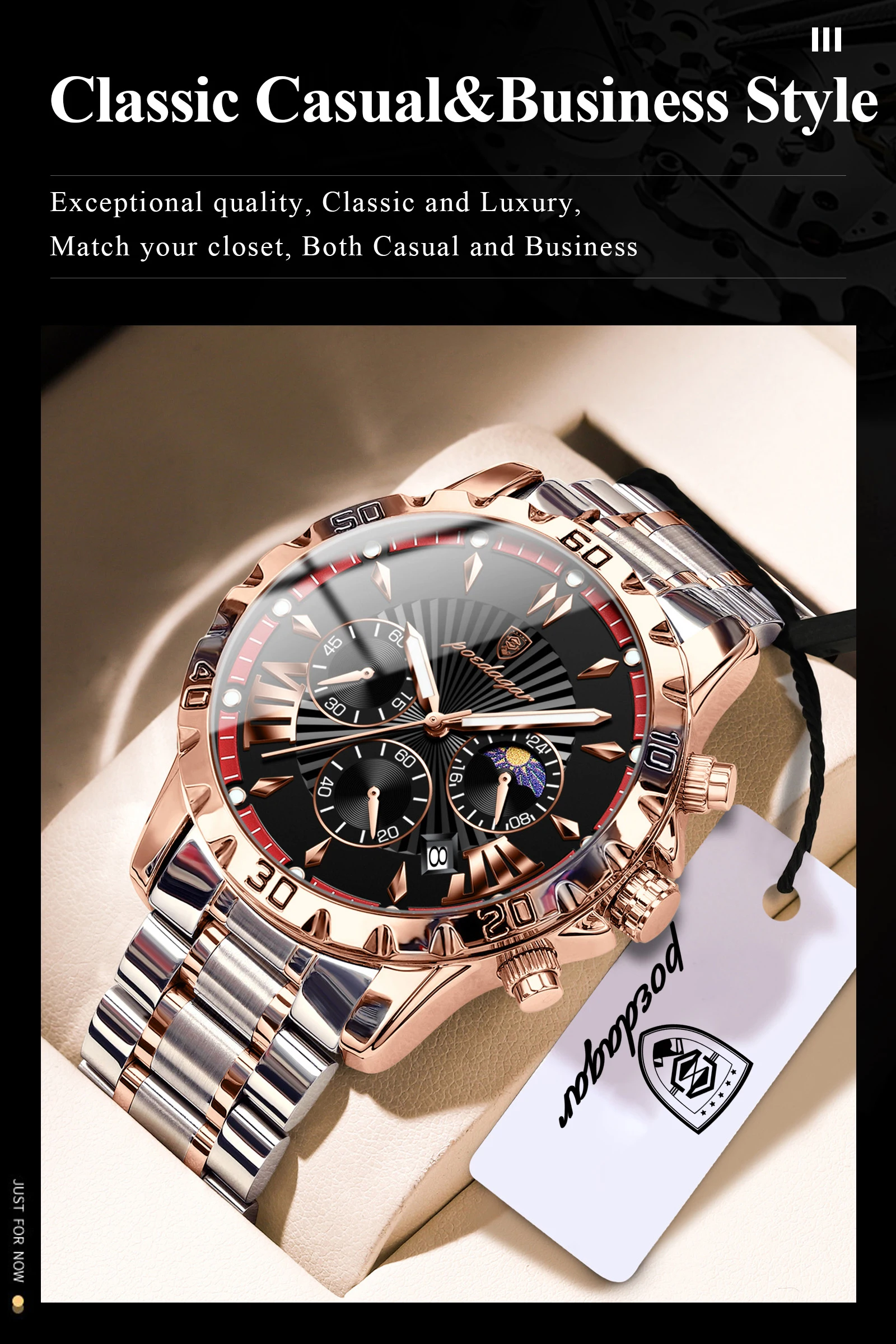 POEDAGAR Top-Luxus-Herrenuhr, Leuchtend, Wasserdicht, Edelstahl, Quarz, Chronograph, Datum, Militäruhr für Herren – Detail 16