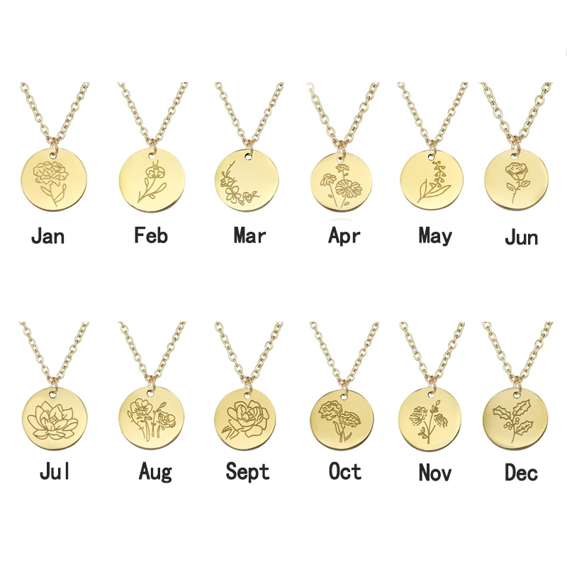 Birth Month Flower Circular Stainless Steel Pendant Accessories Jewelry Necklaces Birthday Gifts Collor For Women Girls New