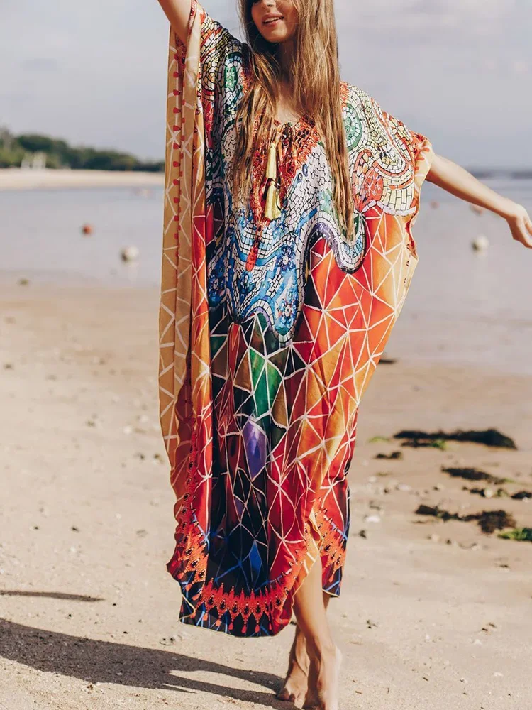 2025 Nieuwe Strand Cover-Ups Vrouwen Gewaad V-hals Lace Up Chic Gedrukt Strand Lange Jurk Plus Size Zomer Chic Mode badpak Cover Up