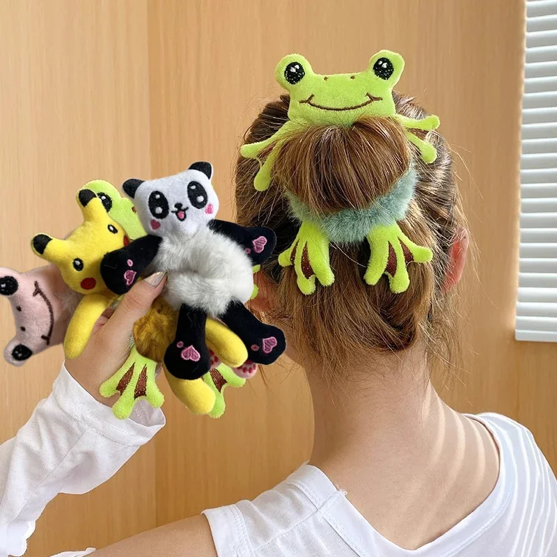 1pcs Hair Circle Girl Frog Plush Green Hair Circle Bun Cute Funny Hair Band Elastic Scrunchies For Women Ponytail Hairstyle