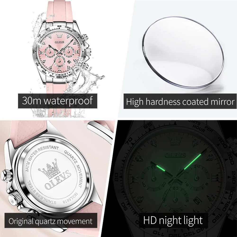 OLEVS 5618 Women Watch New Original Quartz Watch Silicone Waterproof Calendar Chronograph Luxury Reloj Pink Sports Women Watch