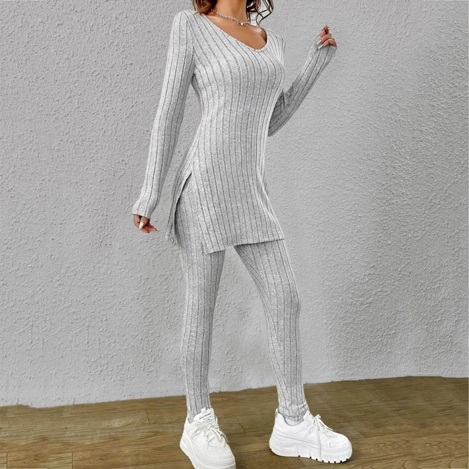 Lente Mode Gebreide Pakken 2024 Casual Losse Pullover + Elastische Lange Broek Print Gebreide Effen Kleur Twee Sets Kleding