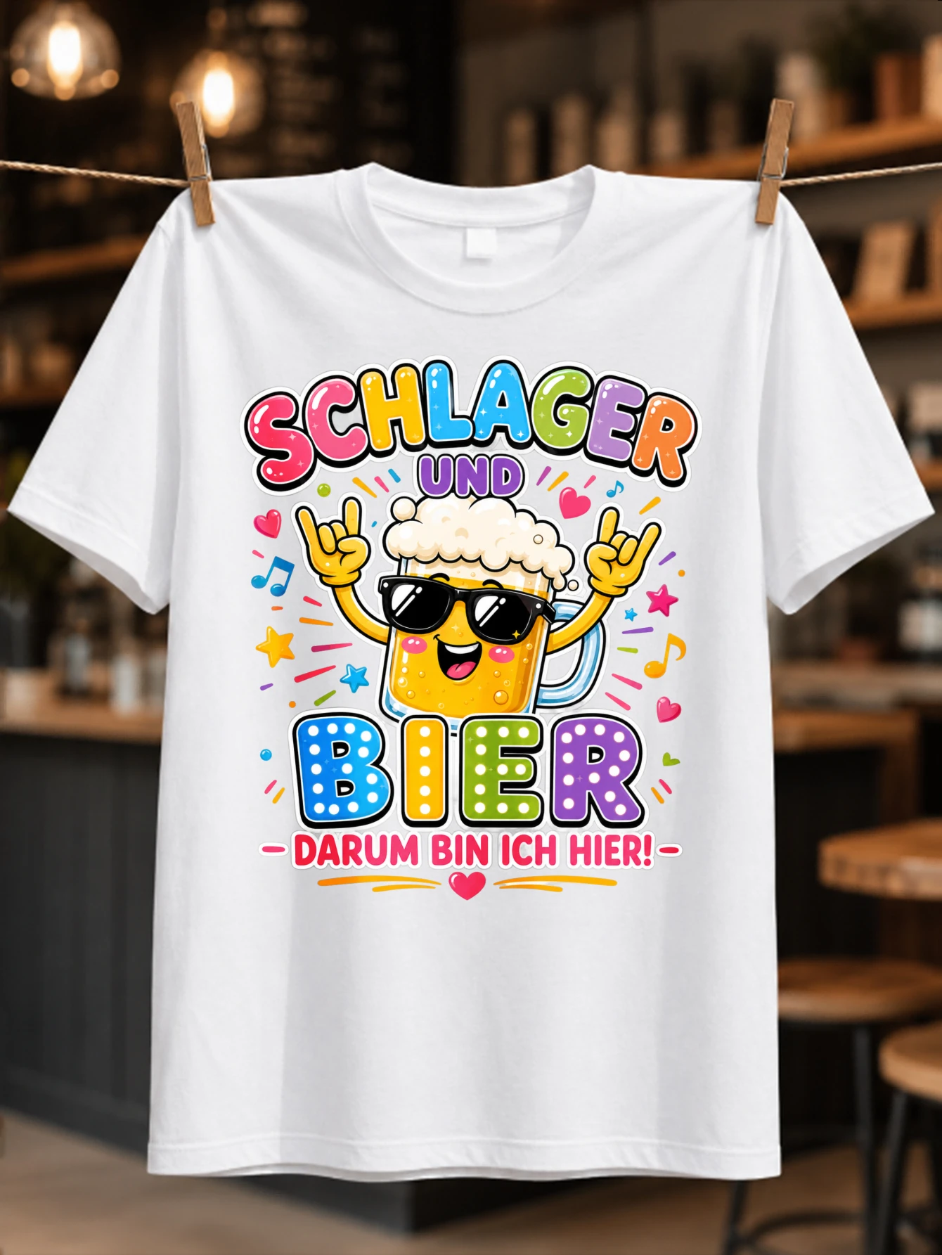 Schlager Und Bier Darum Bin Ich Hier Cute Bubbly Beer Character With Hearts Stars And Cheerful Unisex All T-Shirt-image