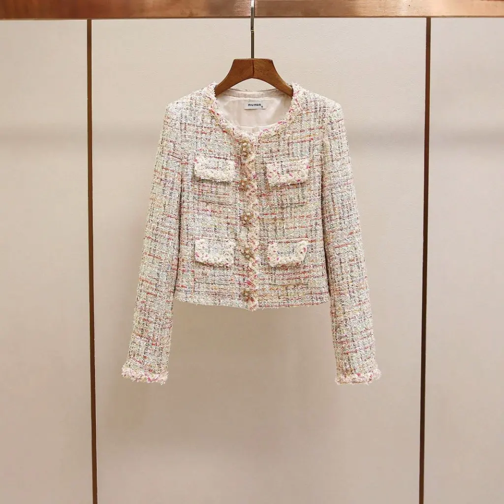 

Женская элитная твидовая куртка Sp во французском стиле с ромбовидной оплеткой, осенняя короткая верхняя одежда для тяжелой промышленности с круглым вырезом