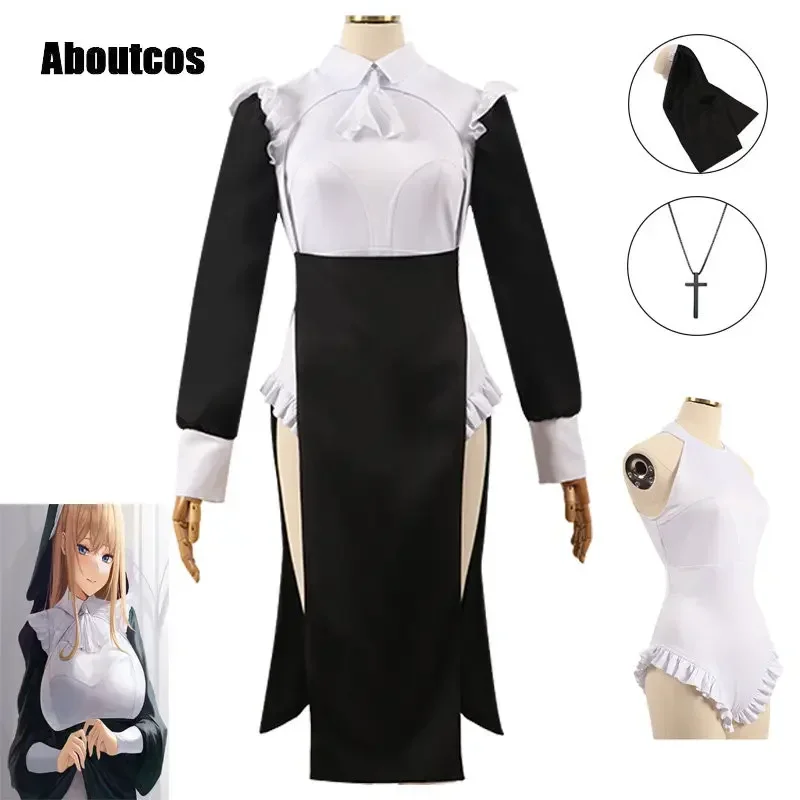 

FC6Aboutcos sexy women nun cosplay costume dress rompers scarf necklace leggings sock Halloween party clothing@FC8！