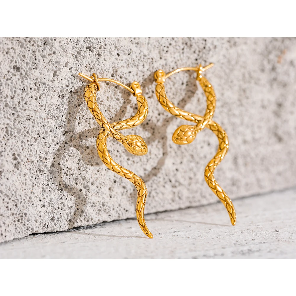 Yhpup Stylish Unique Stainless Steel Snake Unusual Hoop Earrings Statement Pvd Gold Color Texture Waterproof Charm Jewelry Women