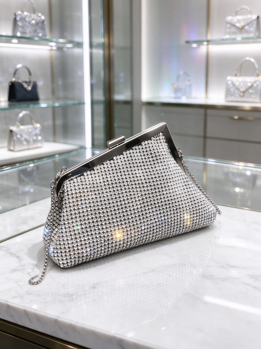 Women Silver Full Rhinestone Frame Clutch Purse, Elegant Crystal Evening Handbag With Tassel And Chain Strap For Mature Ladies