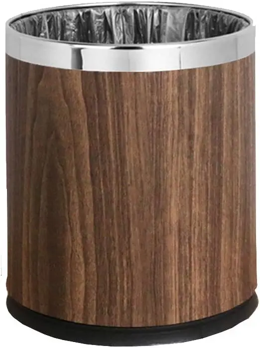 Metal Trash Can, Double Cans Top Open Without Lid Waste Bin Hotel Office Wastebasket (Walnut Leather Silver Ring)