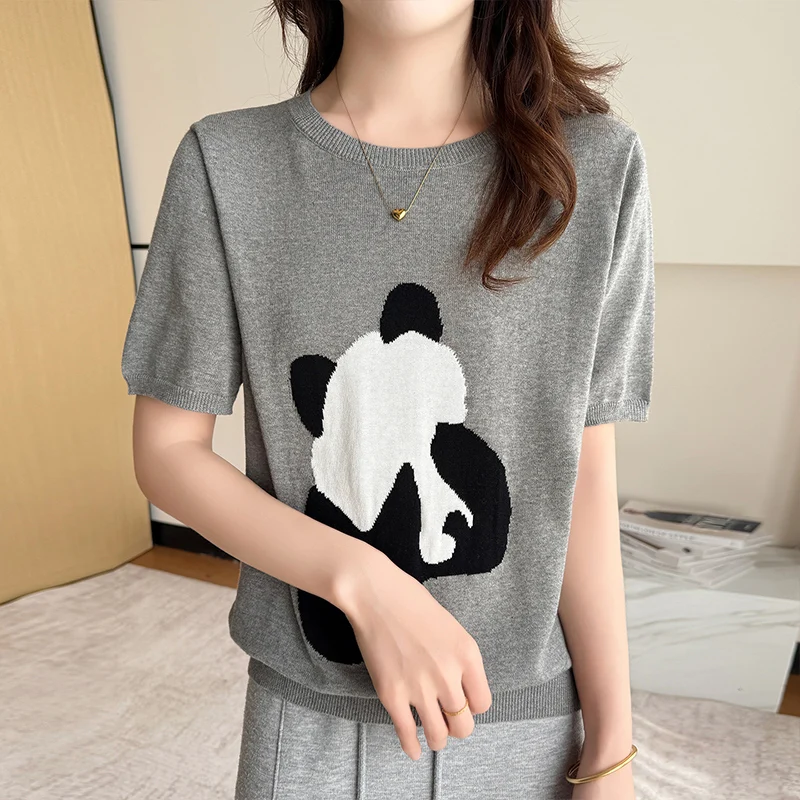 Summer women's 100% cotton T-shirt casual knitted Tees loose round neck Tops trendy embroidery panda cartoon pattern wholesale