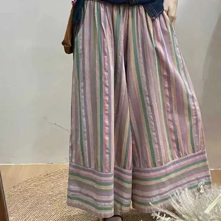 Chic Sweet Cute Lace Trim Colorful Stripe Pant All Match Loose Straight Leg Elastic Waist Wide-Leg Pants With High Waist Drape