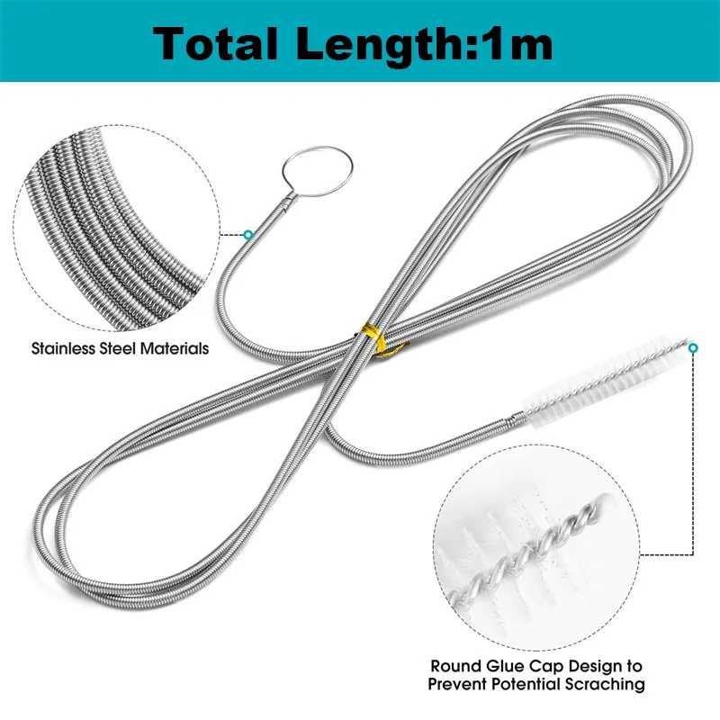 1/3/5pcs Extra Long Flexible Tube Pipe Clean Brush 1M Stainless Steel Drain Tube Cleaning Brushes for Sink Refrigerator Kitchen