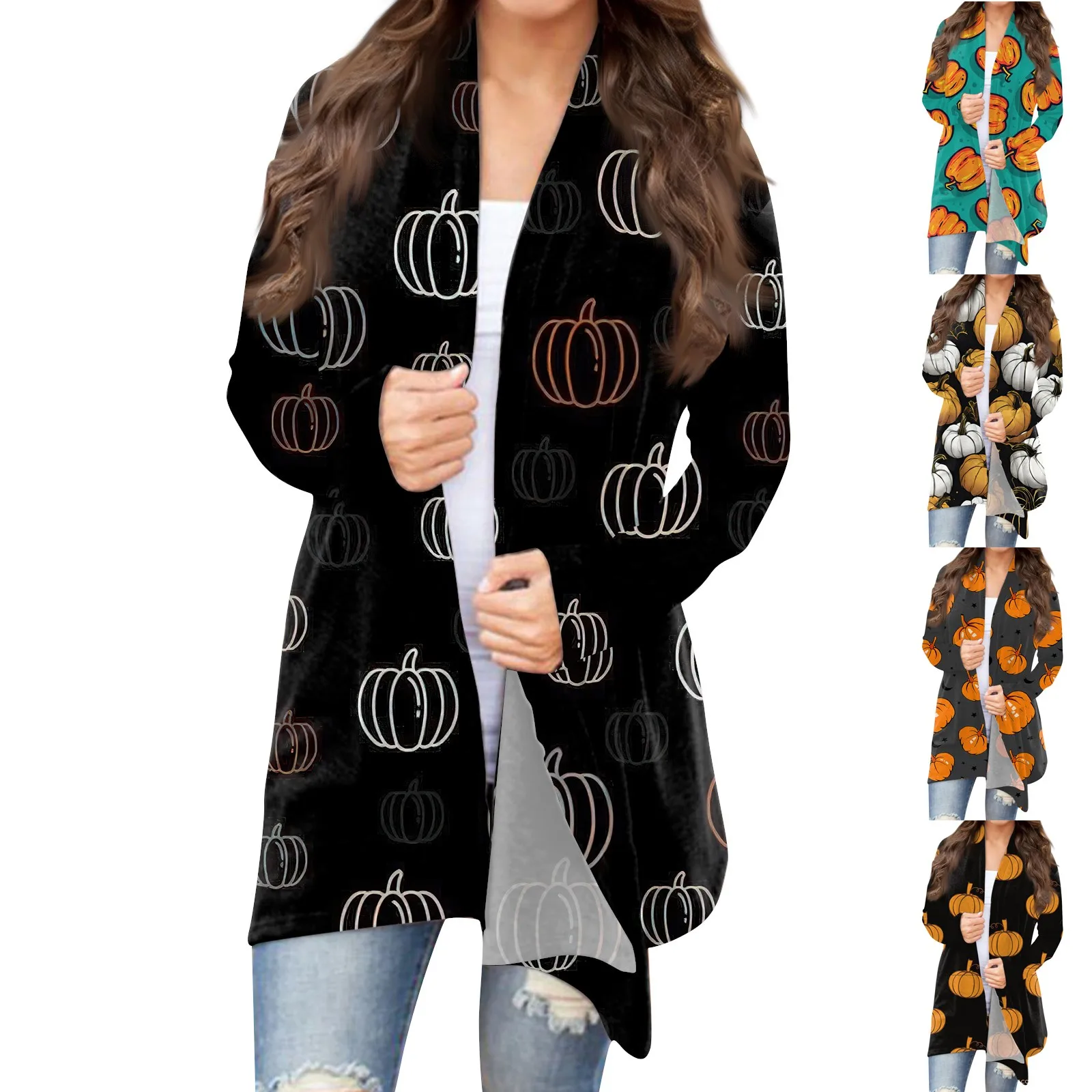 Tops Mujer Women\'S Fashion Casual Halloween Printed Long Sleeve Mid-Length Cardigan Jacket Tops Roupas Feminina Roupa Feminina