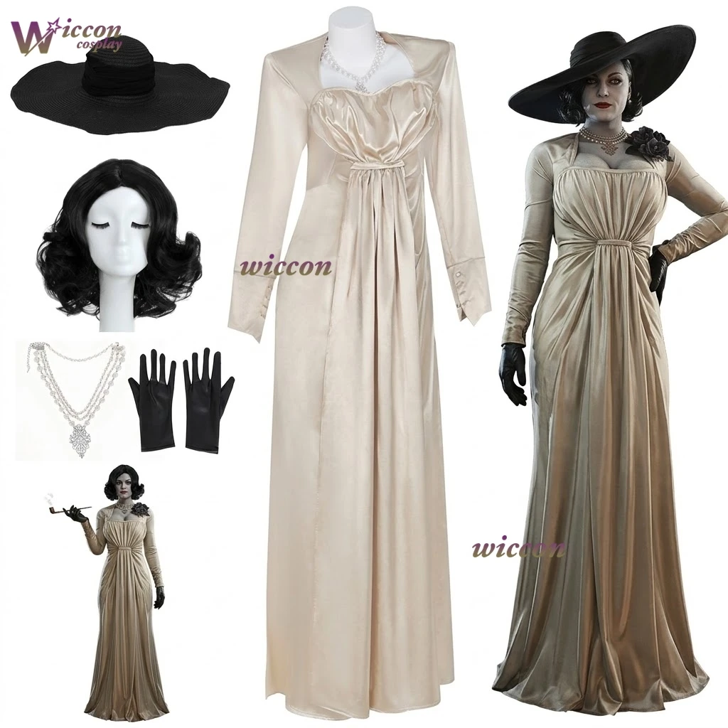 Disfraz de Resident Evil, Vestido de Vampiresa Alcina Dimitrescu, Disfraz de Vampiresa con Cuello Cuadrado, Elegante Vestido Blanco