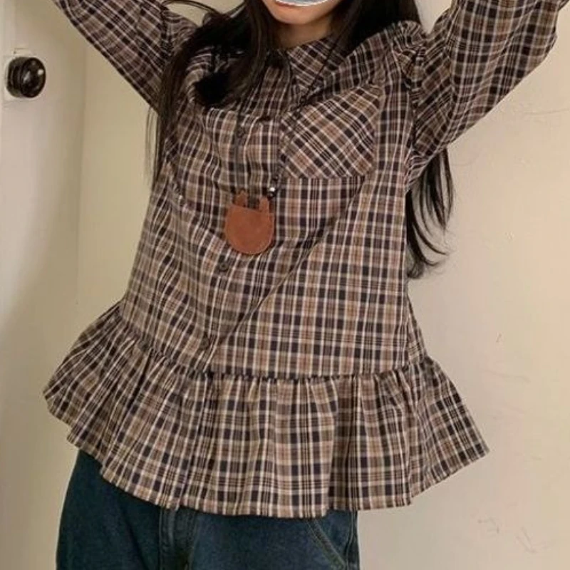 

Retro Plaid Long Sleeved Shirt for Women in Spring and Autumn, New College Style, Sweet and Fresh Anti-aging Top