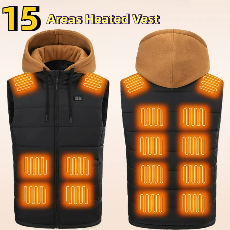 Winter Smart Heating Vests USB Constant Temperature Double Control 15 Zone Heated Sleeveless Vest Heating Men Hooded Warm Jacket